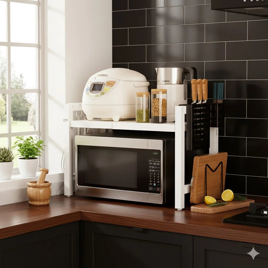 Säädettävä keittiöhylly mikrolle ja pienkoneille lisäkoukuilla