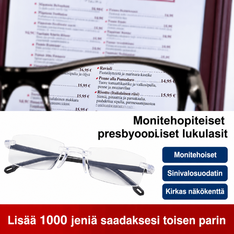 Monitehoiset lukulasit sinivalosuojalla