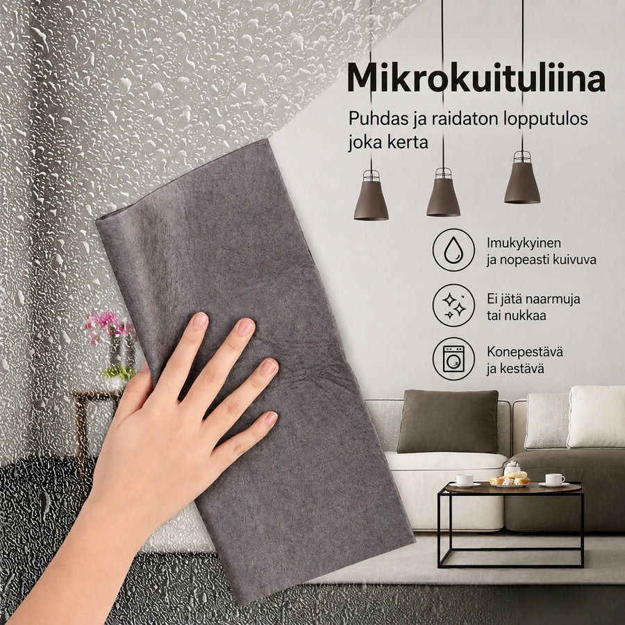 Harmaa mikrokuituliina lasipinnoille ja peileille