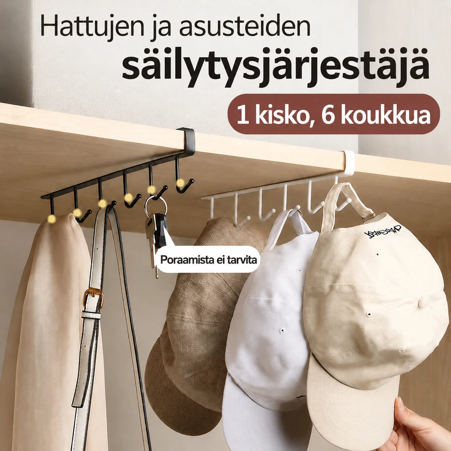 Hyllyn alle liu’utettava koukkuteline, 6 koukkua