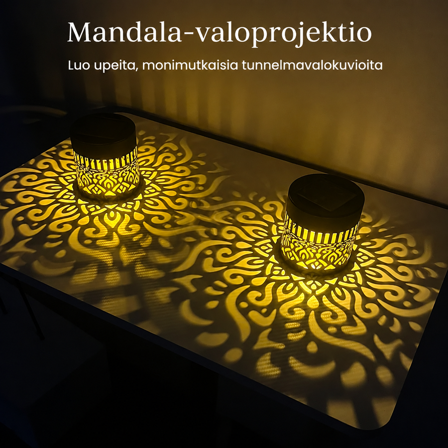 Aurinkokäyttöinen mandalavalaisin ulkokäyttöön, IP65-suojattu